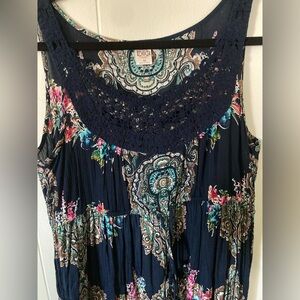 Bila SZ M Kaleidoscope Floral Maxi Dress navy blue sleeveless BOHO